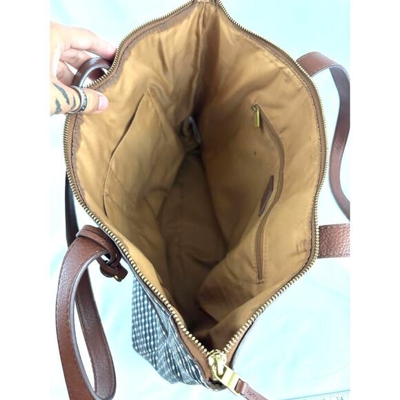 Fossil Rachel Leather Black Striped Tote Purse Classic Brown Black - Picture 16 of 16